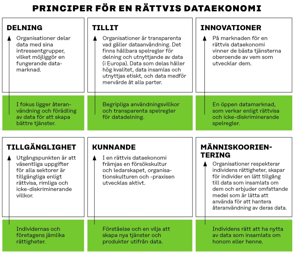 Principerna för en rättvis dataekonomi utgår från de principer för dataekonomi som definierades under Finlands EU-ordförandeskap 2019. Principerna var delning, tillit, innovationer, tillgänglighet, kompetens och människoorientering.