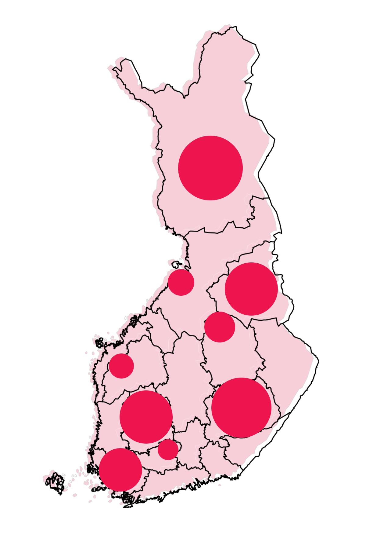 Suomen kartta, johon on pallolla merkitty yhteistyöalueet, jotka ovat Hämeenlinna, Seinäjoki ja Ilmajoki, Ylä-Savon seutukunta, Raahen seutukunta sekä maakunnista Etelä-Savo, Kainuu, Lappi, Pirkanmaa ja Varsinais-Suomi.