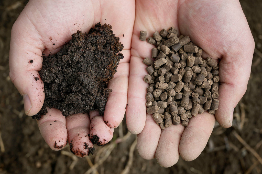 Kahdessa kourassa kahta erilaista Soilfoodin kehittämää kierrätyslannoitetuotetta.