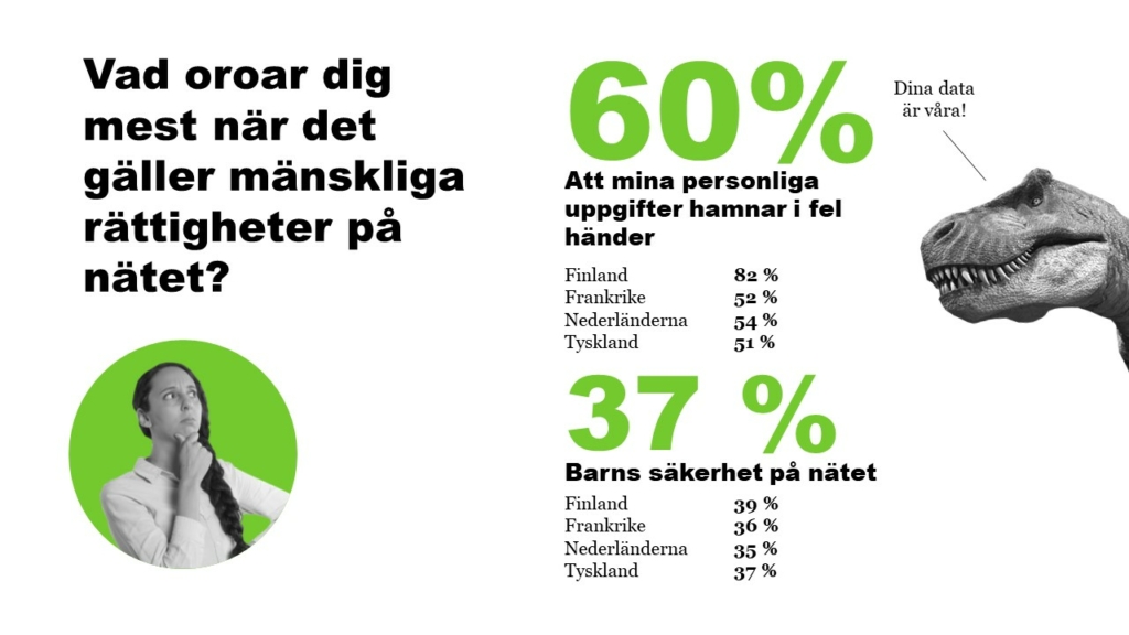 När människor tillfrågades vad de oroar sig över när det gäller individens rättigheter på nätet, blir den klart viktigaste saken att personliga data hamnar i fel händer (60 %), men många oroar sig också över barns säkerhet på internet (37 %).