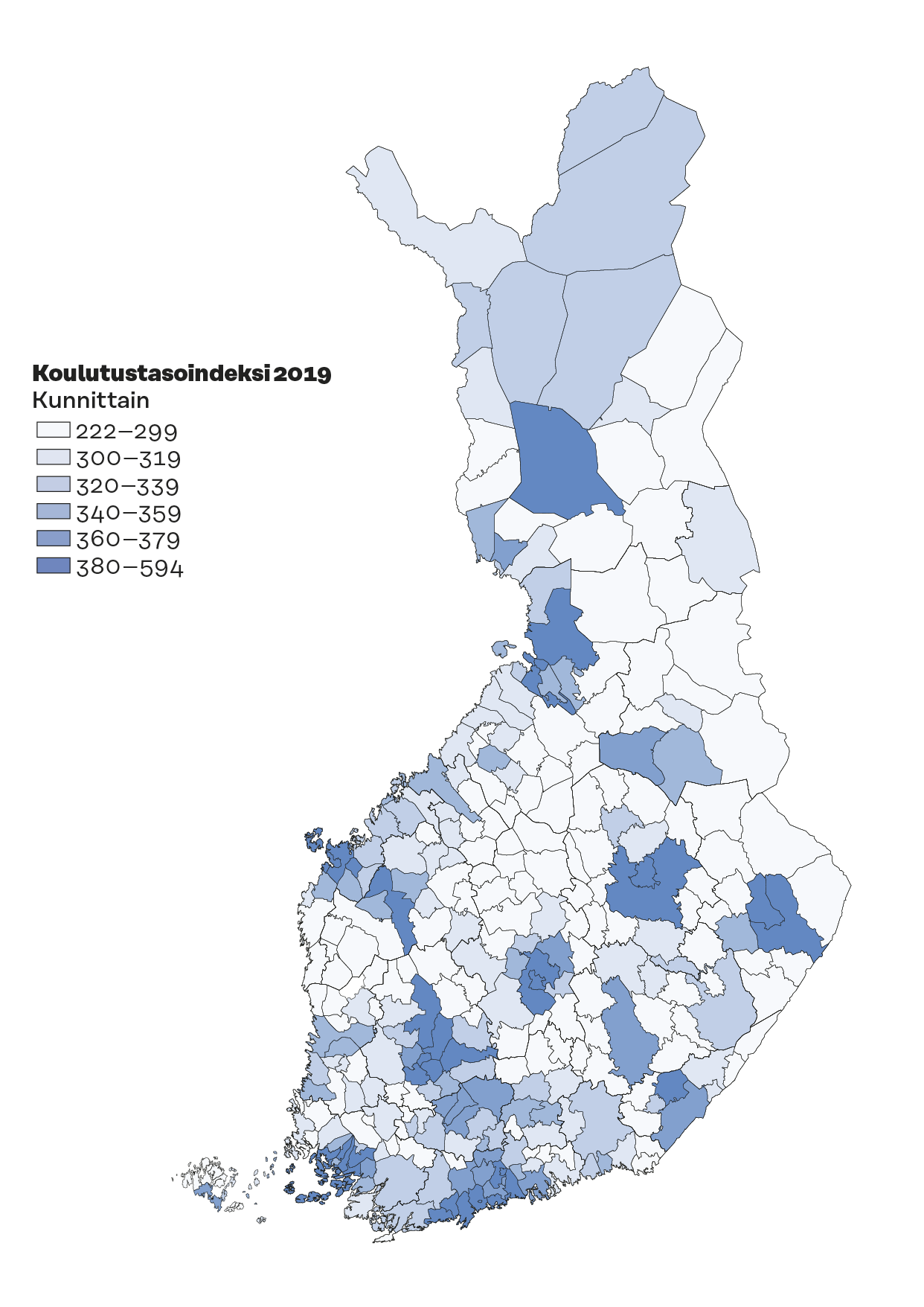 Utbildningsnivåindexet visar det genomsnittliga antalet år av högre utbildning per capita bland befolkningen över 20 år i varje region 2019. I indexet motsvarar ett år 100 poäng. Bild: Sitra och MDI.