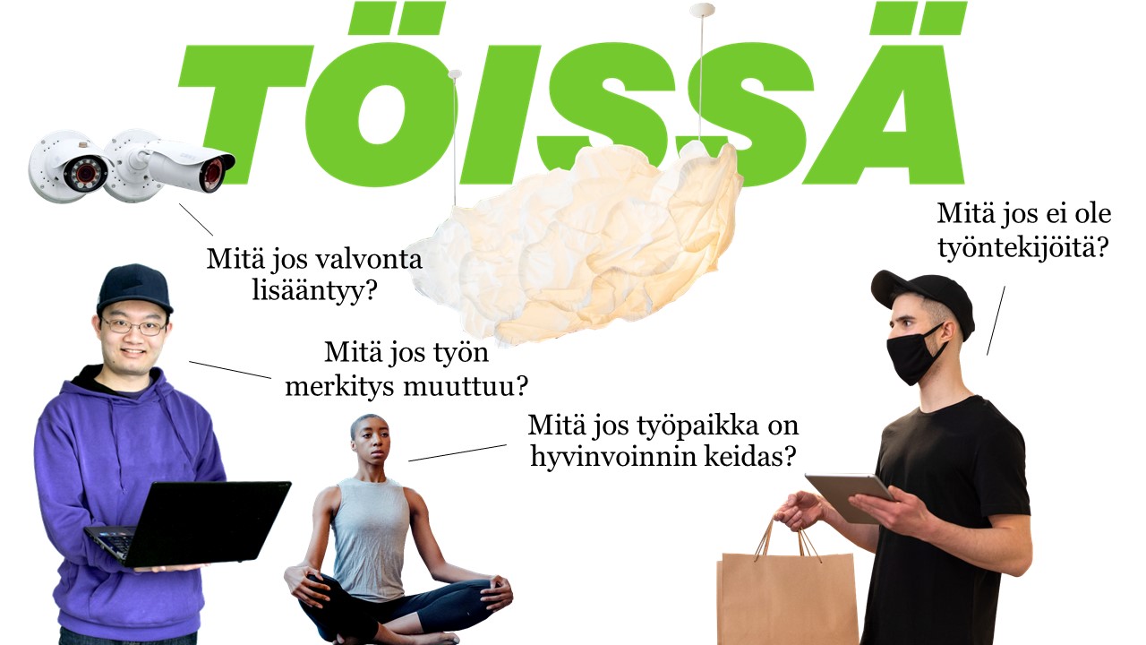 Kuvassa teksti "töissä" ja töihin liittyviä heikkoja signaaleja