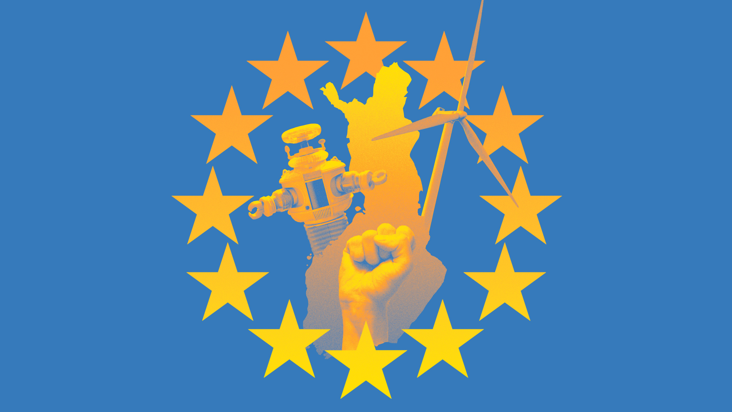 Kuvassa EU:n tähdet, Suomi, nyrkki, robotti ja tuuliturbiini.