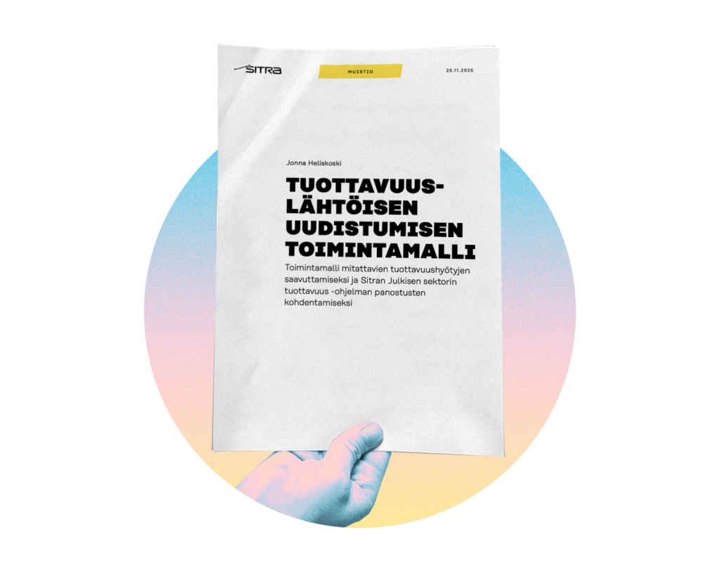 Käsi pitelee suomalaista asiakirjaa otsikolla Tuottavuuslähtöisen Uudistumisen Toimintamalli valkoista taustaa vasten, jonka takana on pastellivärinen ympyrägradientti.