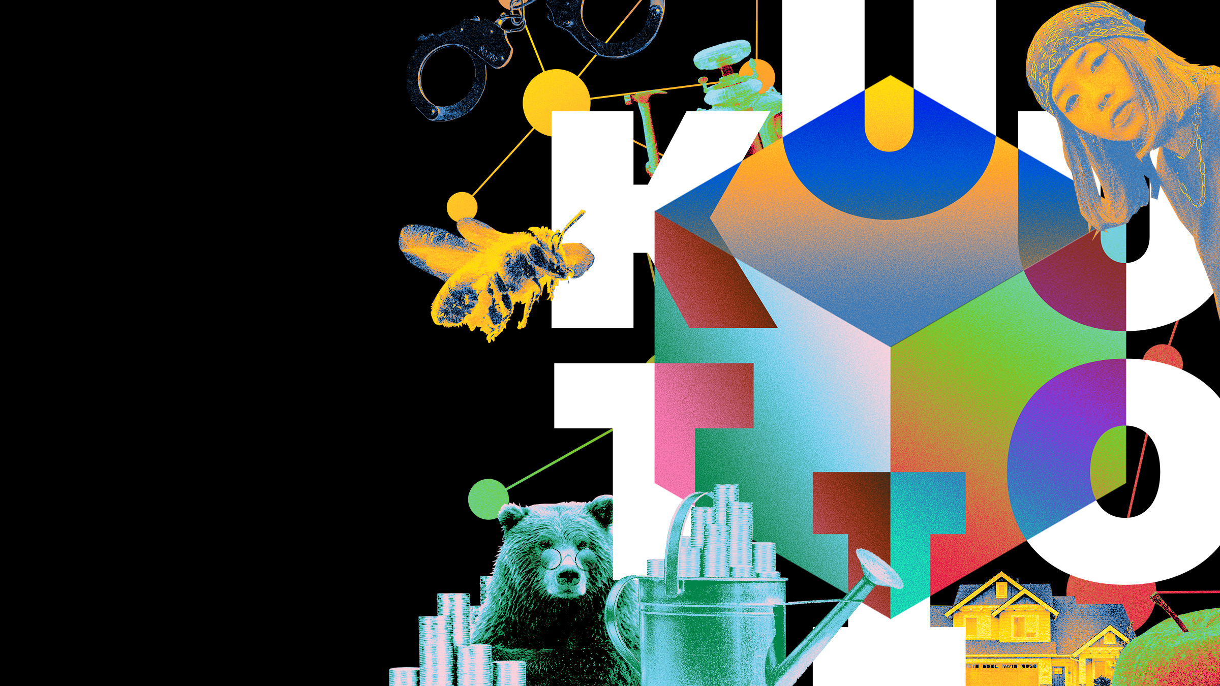 Värikäs kollaasi, jossa on suuria valkoisia painokirjaimia, geometrisia muotoja, karhu, mehiläinen, käsiraudat, kolikoilla täytetty kastelukannu, taloja ja pääpantaa käyttävä nainen, kaikki mustalla taustalla.