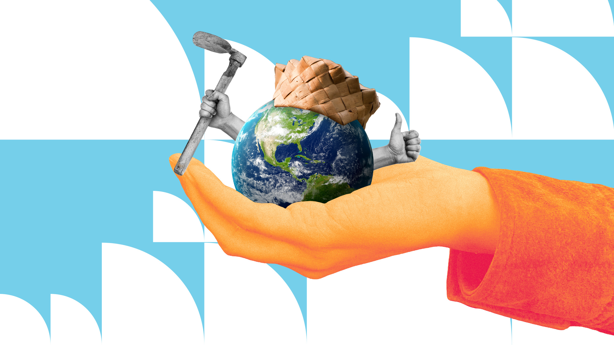A hand holds a globe with a waffle cone hat; the globe has arms, one giving a thumbs up and the other holding a hammer. Blue and white geometric shapes are in the background.