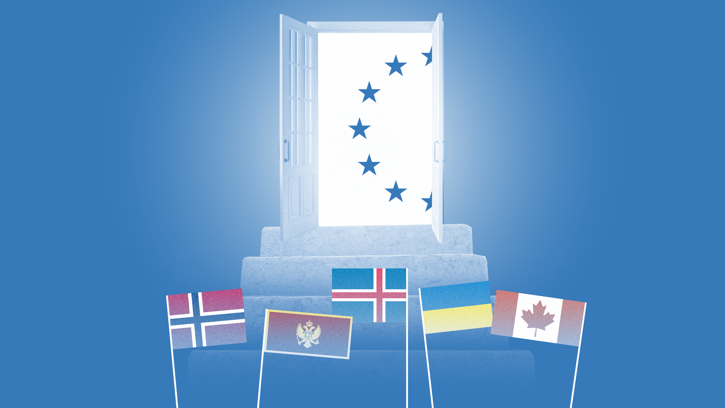 Portaiden yläpäässä on avoin ovi, jonka taustalla näkyy tähtiä. Sen alapuolella on sinisellä taustalla Norjan, Montenegron, Islannin, Ukrainan ja Kanadan liput.