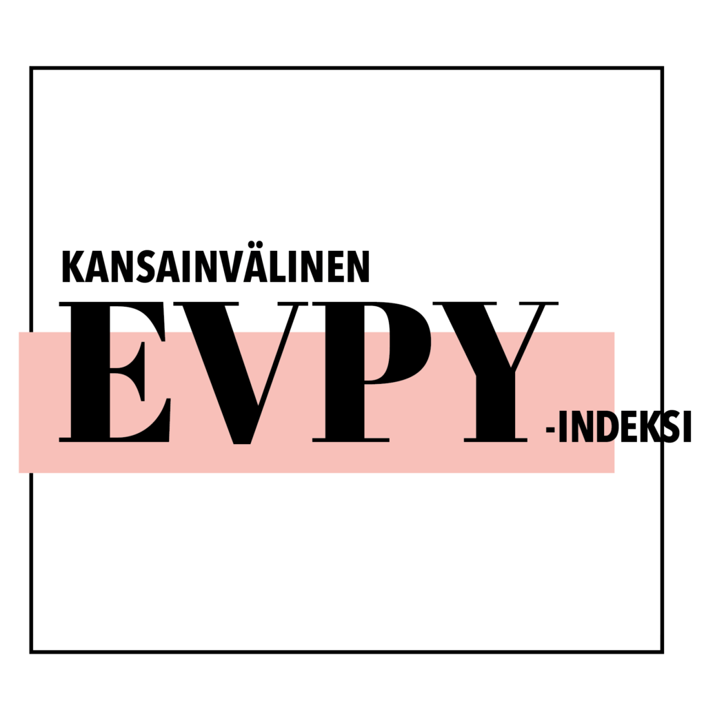 Tekstigrafiikka, jossa on valkoinen tausta ja ohut musta reunus. Suuri, lihavoitu teksti ”EVPY” on keskitetty vaaleanpunaisen suorakulmion päälle. Yläpuolella ja oikealla on pienemmällä kirjasinkoolla kirjoitetut suomenkieliset sanat ”Kansainvälinen” ja ”-indeksi”.