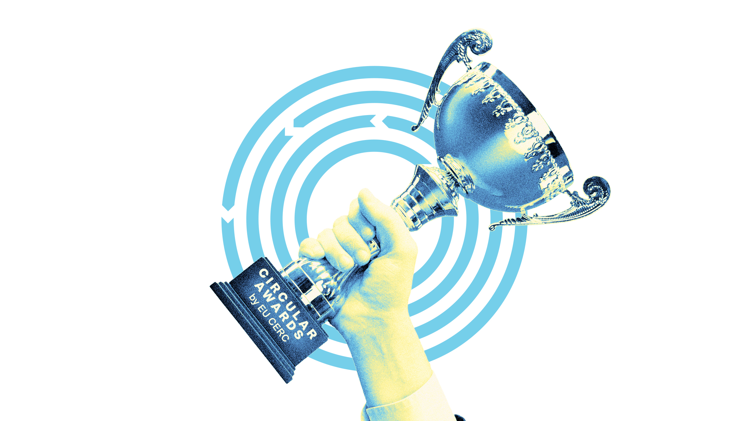 A hand holds up a silver trophy in front of a blue circular arrow graphic, symbolizing victory and achievement—much like the feeling of successfully submitting an application form.