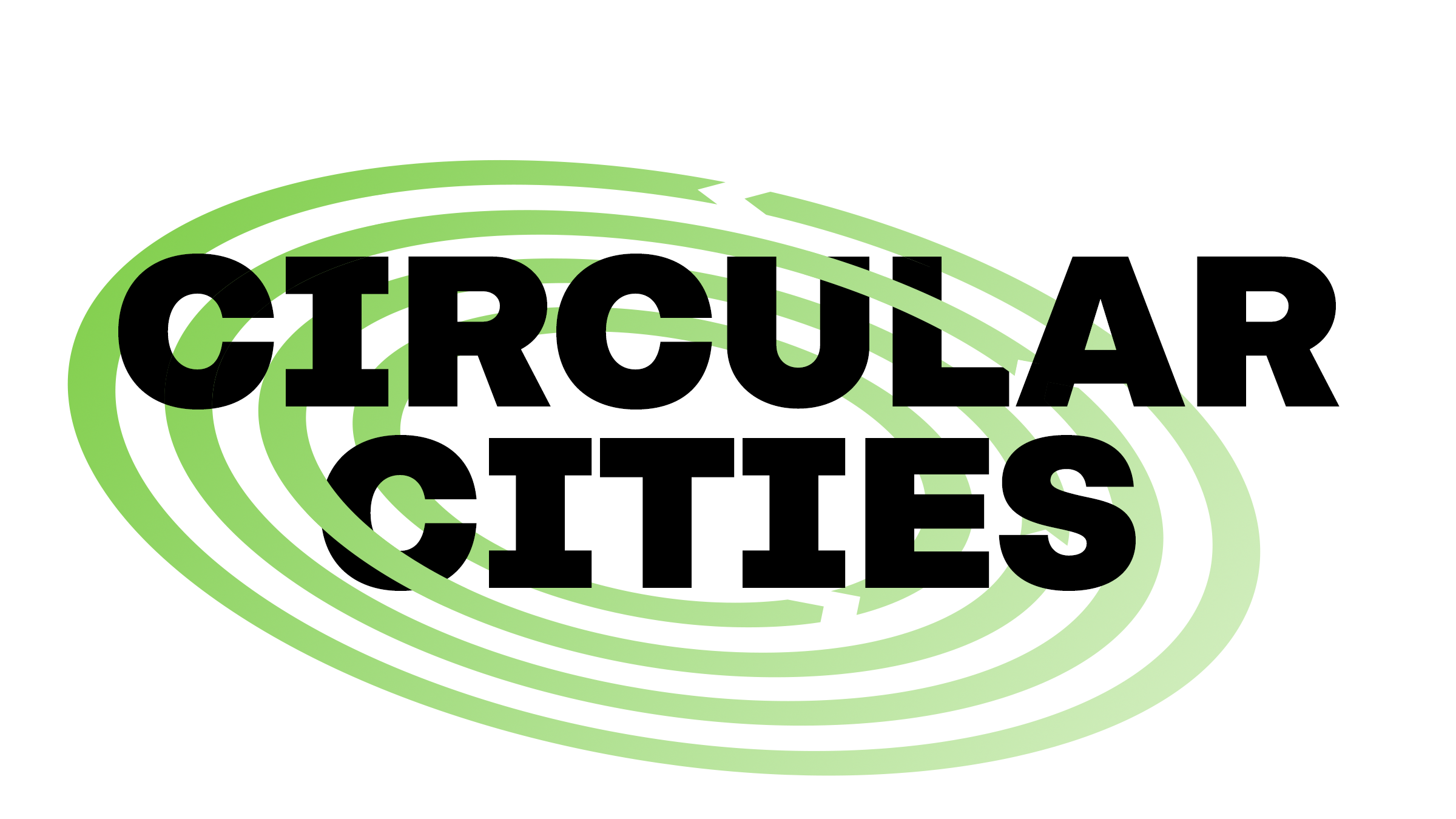 The words CIRCULAR CITIES in bold black letters are overlaid on green circular arrow shapes, symbolizing how cities can apply sustainability and circular economy concepts.