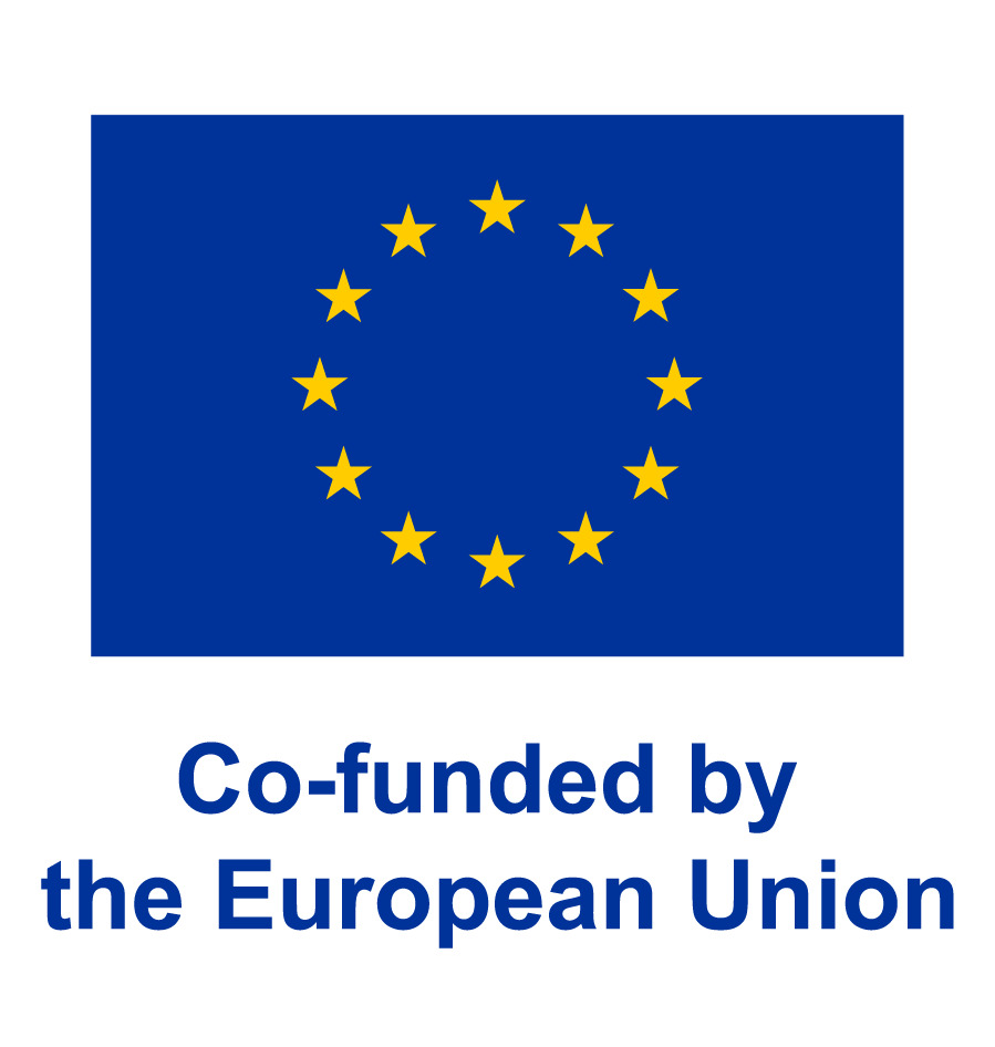Euroopan unionin lippu, jossa on kaksitoista keltaista tähteä ympyrässä sinisellä taustalla; sen yläpuolella teksti ”Co-funded by the European Union” sinisillä kirjaimilla.
