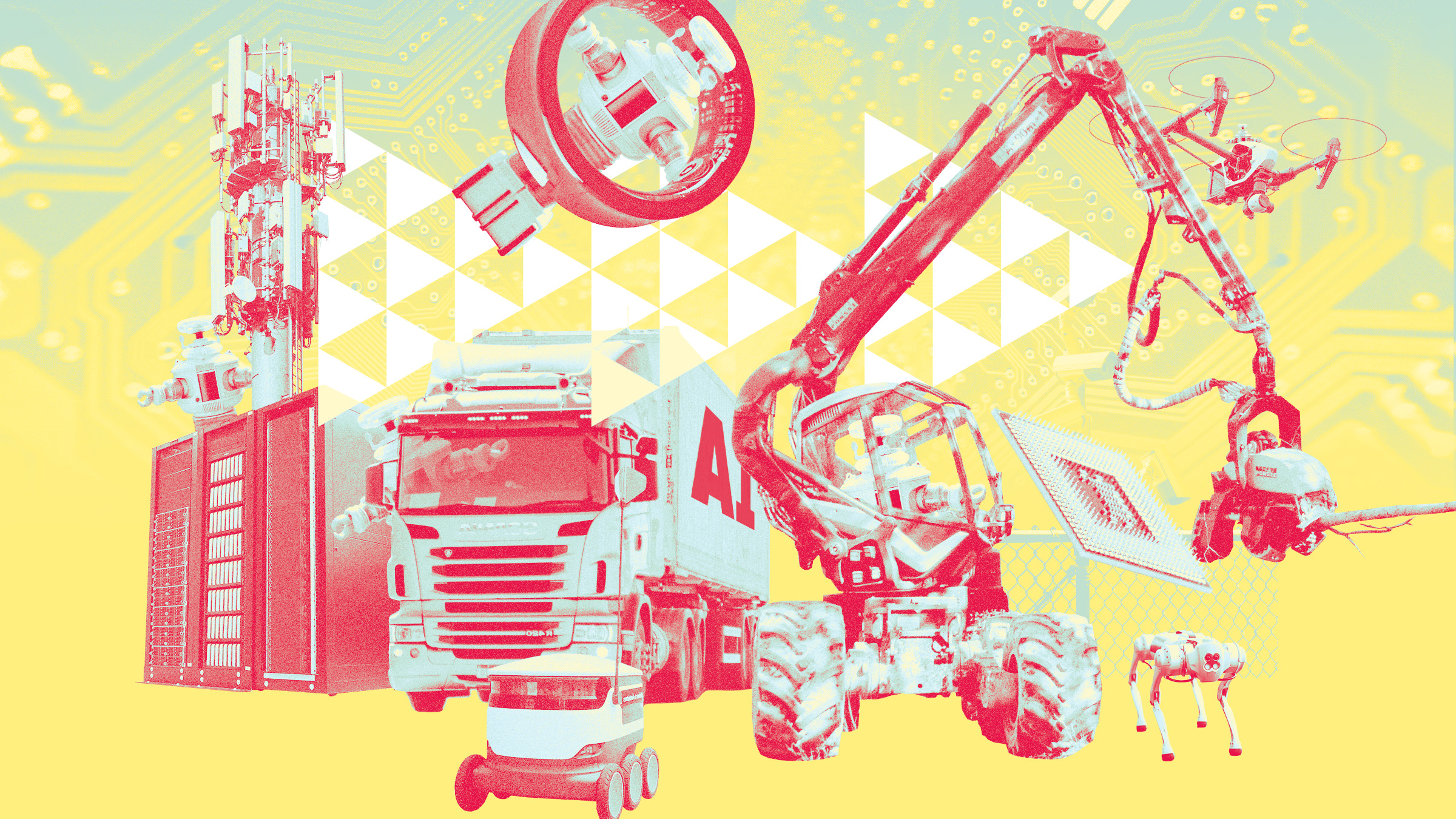 Teknologiaelementtien kollaasi: palvelin, kuorma-auto, robotiikka, dronet, robottikoira ja pyörät, kaikki keltaisella digitaalisella piiritaustalla, jossa on geometrisia kuvioita.