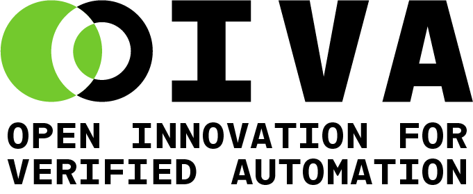 Logo, jossa päällekkäiset vihreät ja mustat ympyrät muodostavat kirjaimen O, jota seuraa lihavoitu teksti IVA. Sen alla lukee teksti: OPEN INNOVATION FOR VERIFIED AUTOMATION, mustilla isoilla kirjaimilla.