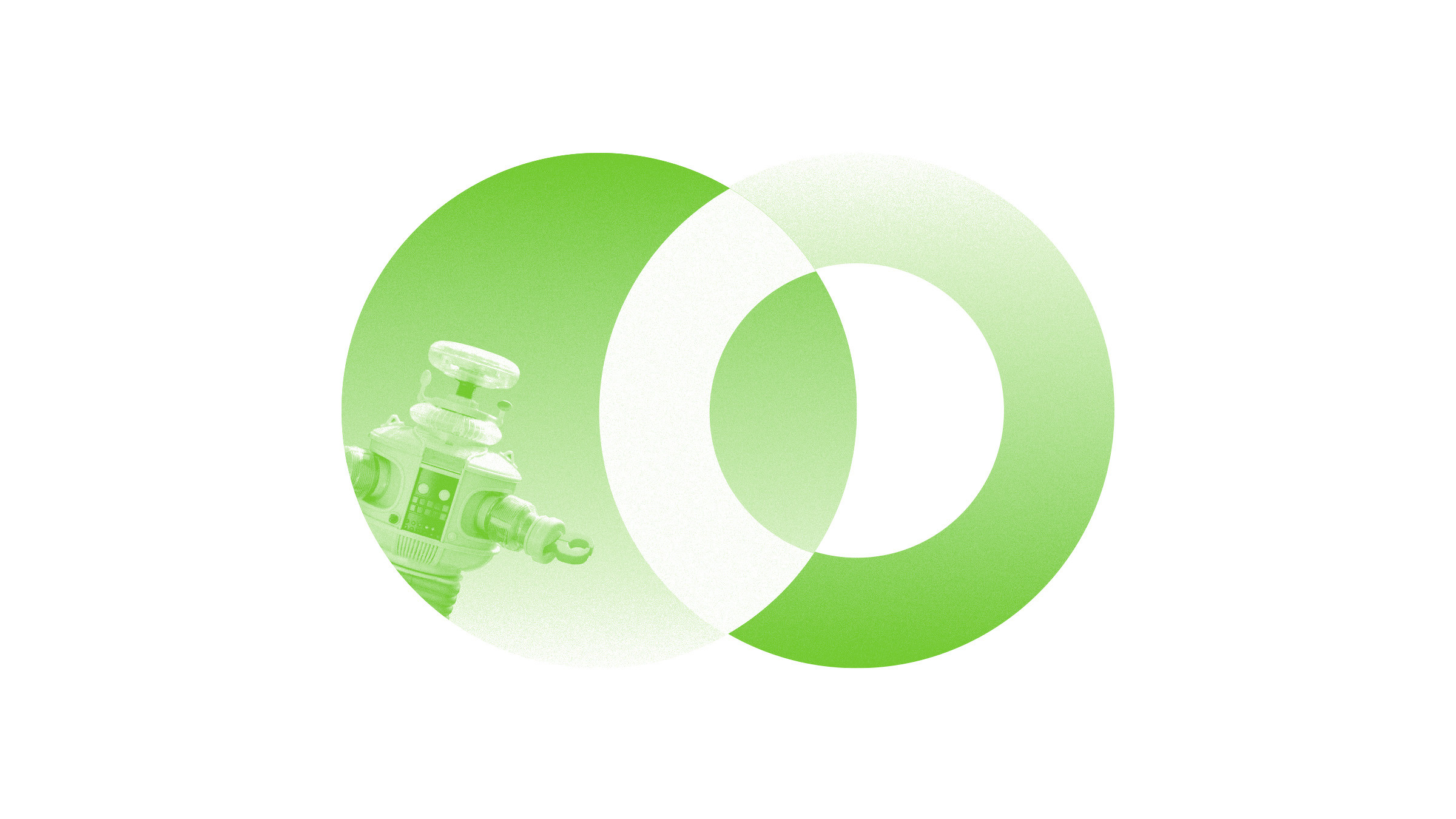 A green-toned toy robot, symbolizing automation, is partially visible inside two overlapping green circles against a white background.