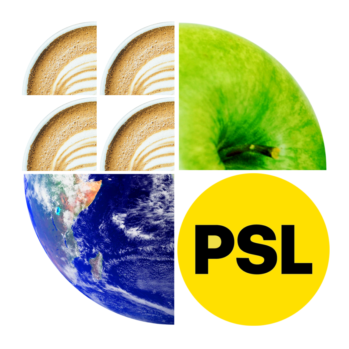 Neljä latte art -kuppia, vihreä omena, maapallo ja keltainen ympyrä, jossa lukee mustilla kirjaimilla ”PSL”, järjestettynä 2×2-ruudukkoon.