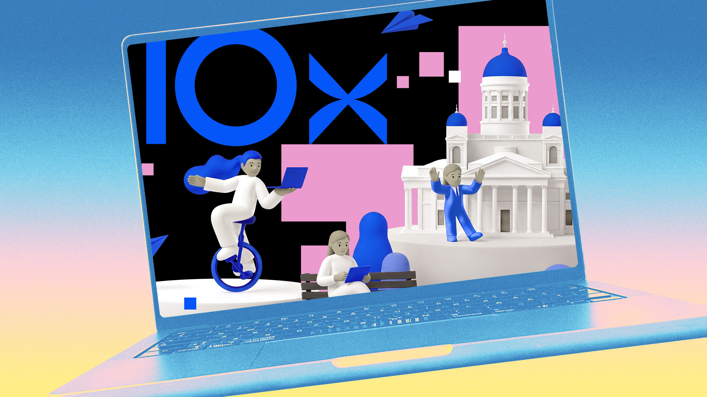 Kannettavan tietokoneen näyttö, jolla näkyy 3D-tyylisiä kuvia työskentelevistä ihmisistä: yksi ajaa yksipyöräisellä, toinen istuu penkillä ja kolmas seisoo kupolirakennuksen edessä.