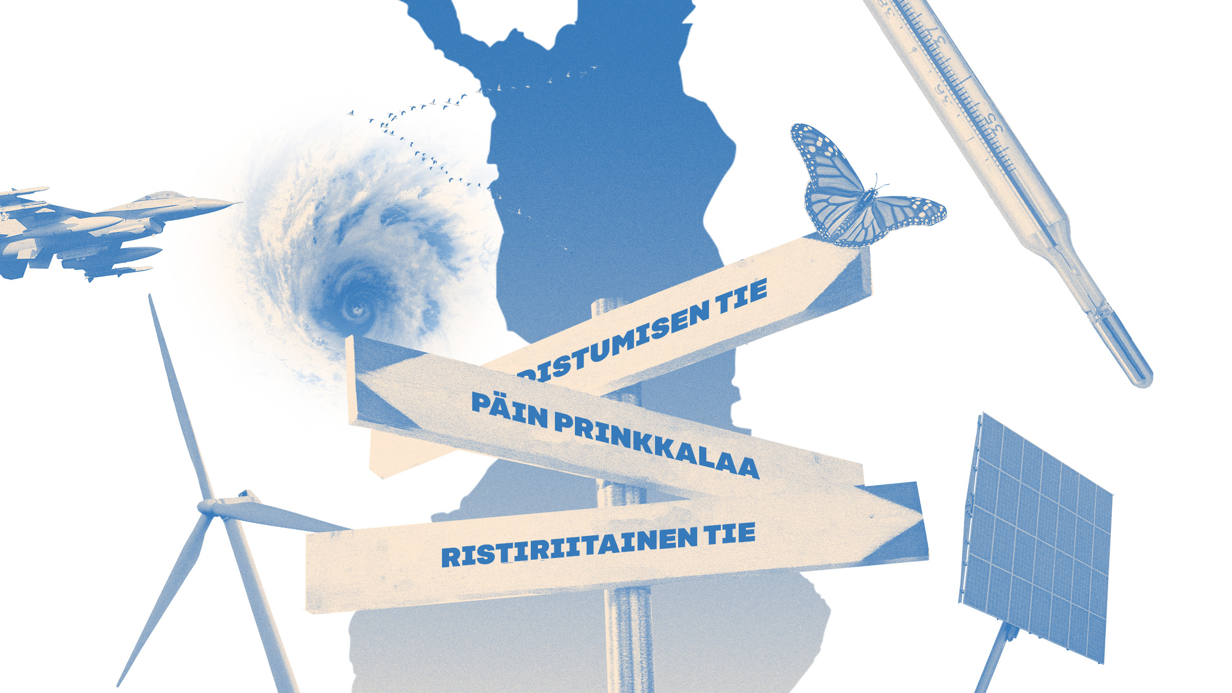 Opaste, jossa on kolme eri suuntiin osoittavaa nuolta, on sijoitettu Suomen kartan päälle, jota ympäröivät hävittäjälentokone, hurrikaani, monarkkiperhonen, lämpömittari, tuuliturbiini ja aurinkopaneeli.