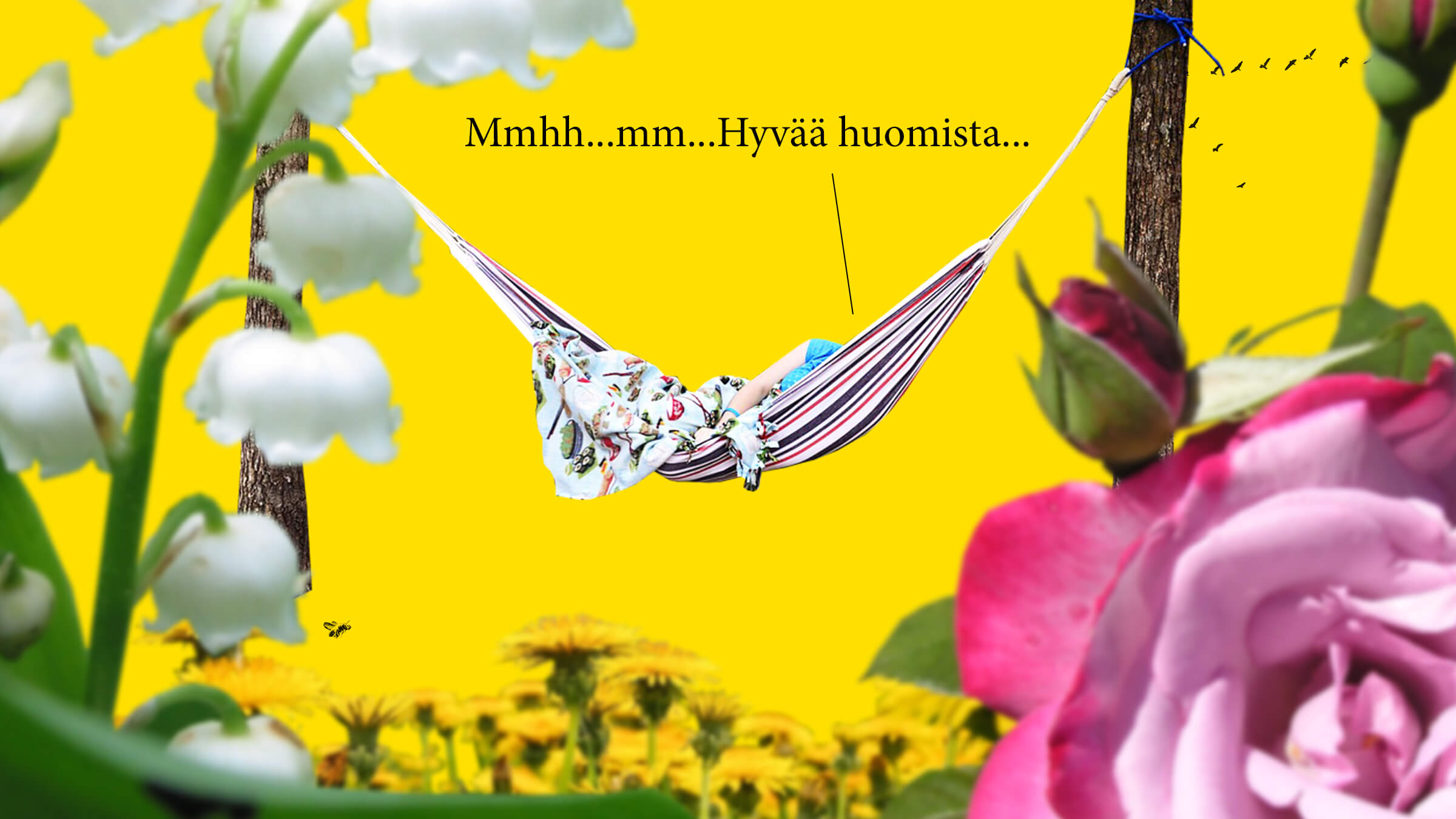 Kesäinen kuvituskuva, jossa paljon kukkia ja riippumatossa haaveksiva ihminen
