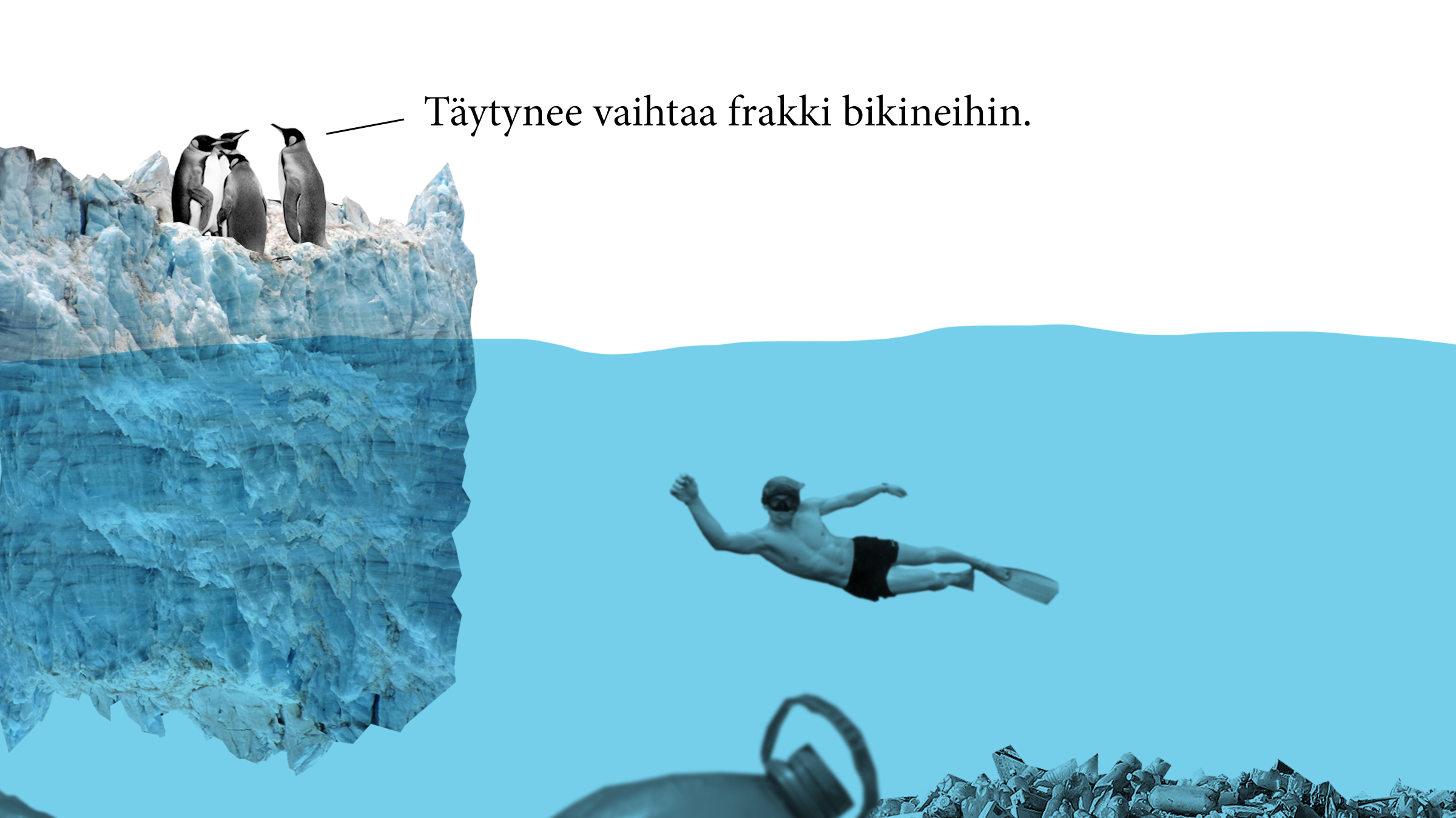 Kuvituskuva, jossa meren pinnan alla sukeltaja ja jäälautalla pingviinejä.