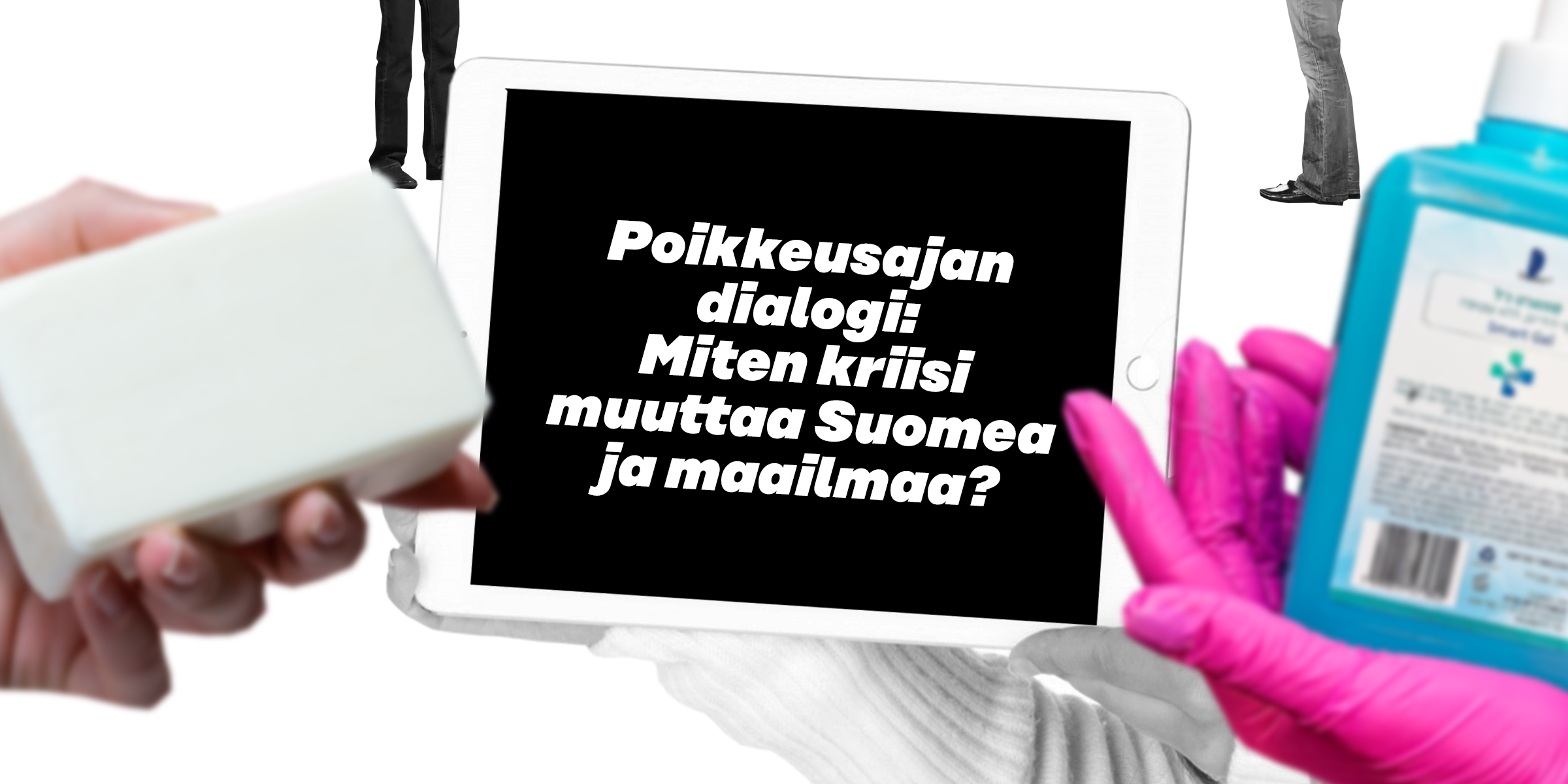 Liitutaulu, jossa tilaisuuden nimi sekä desinfiointiainepullo
