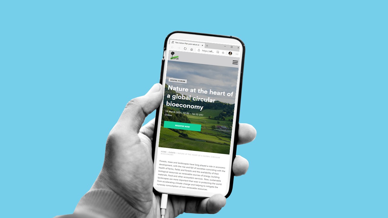 Hand holding a mobile phone scrolling the event website