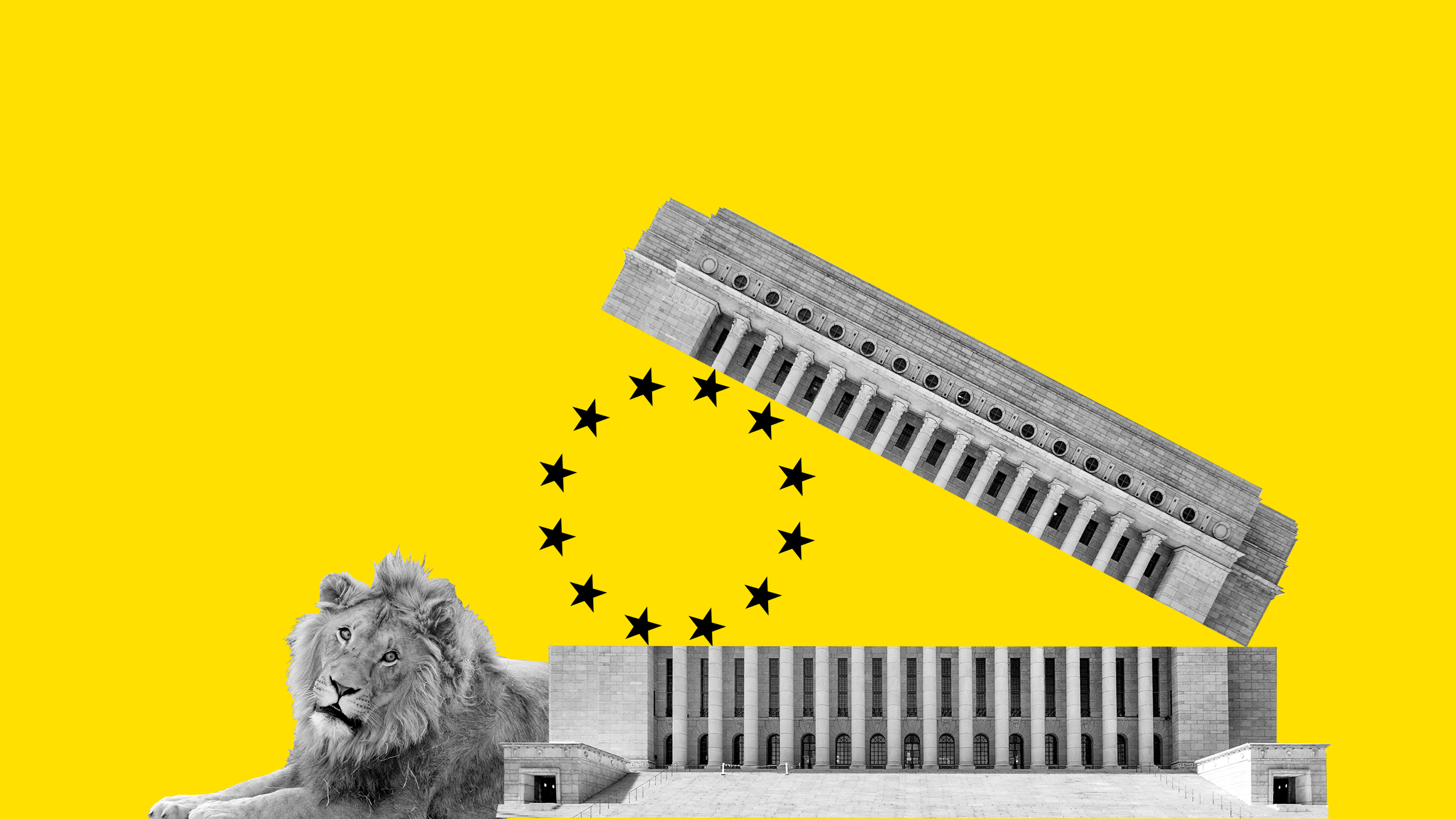 Eduskuntatalo, Euroopan unionin tunnus ja leijona.