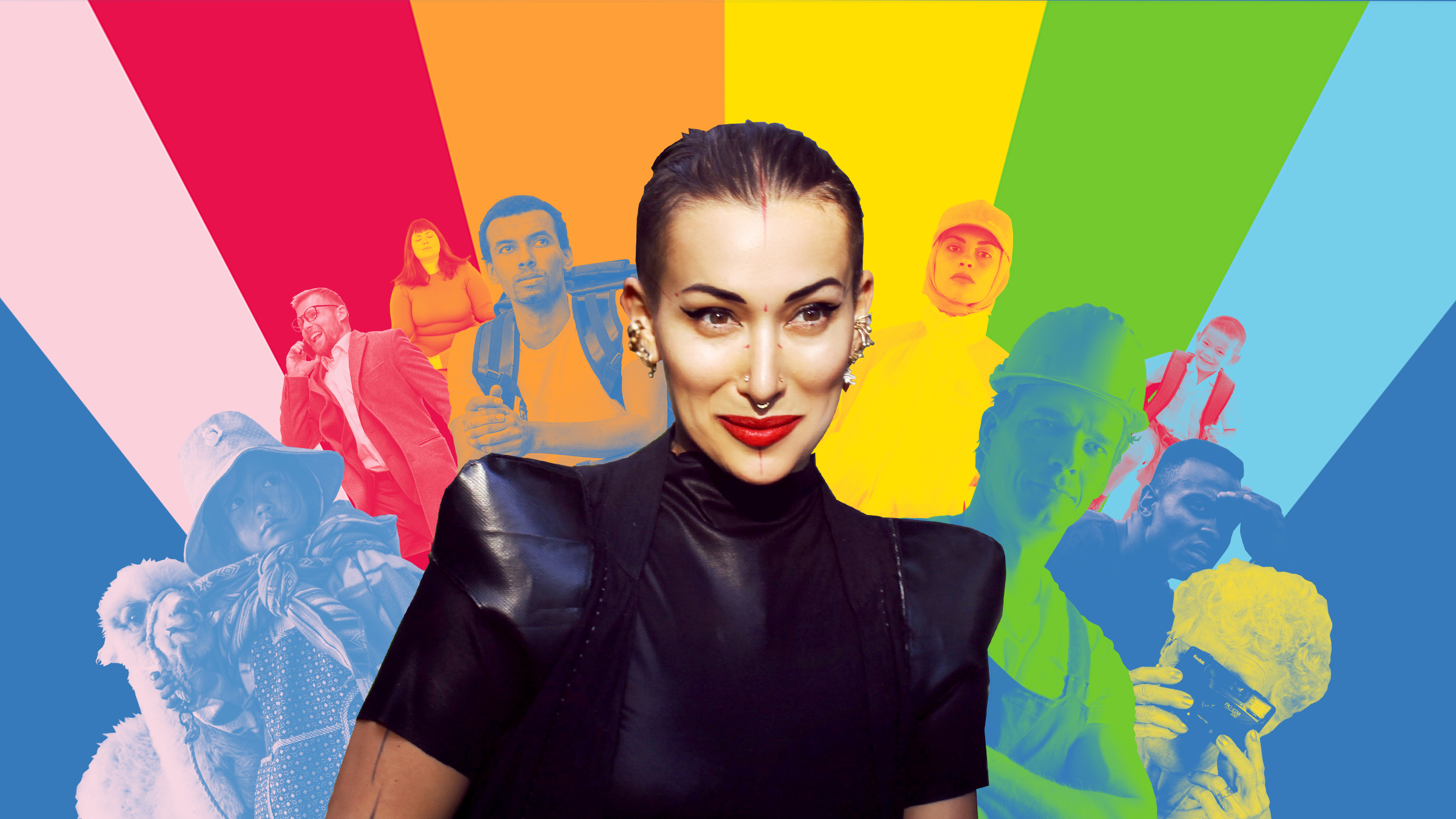 Monika Bielskyte in the middle, surrounded by people of different ages and backgrounds, with rainbow colours in the background.