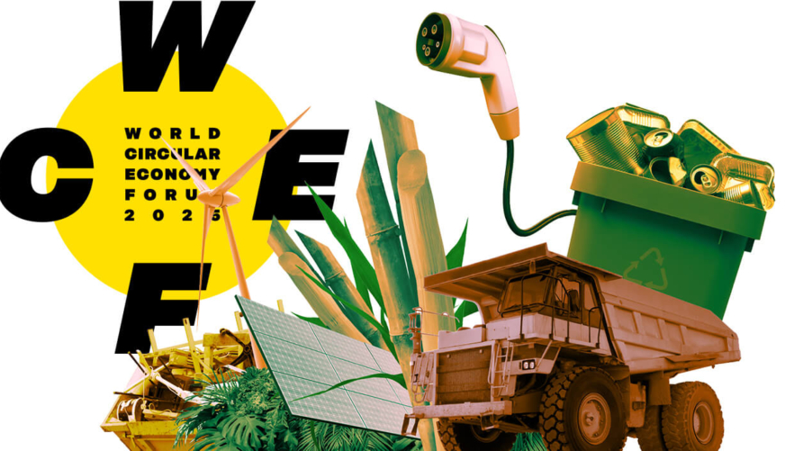 A collage-like illustration with a mining dumper, solar panels, an electric car charging cable, scrap aluminium and the WCEF logo in the foreground.