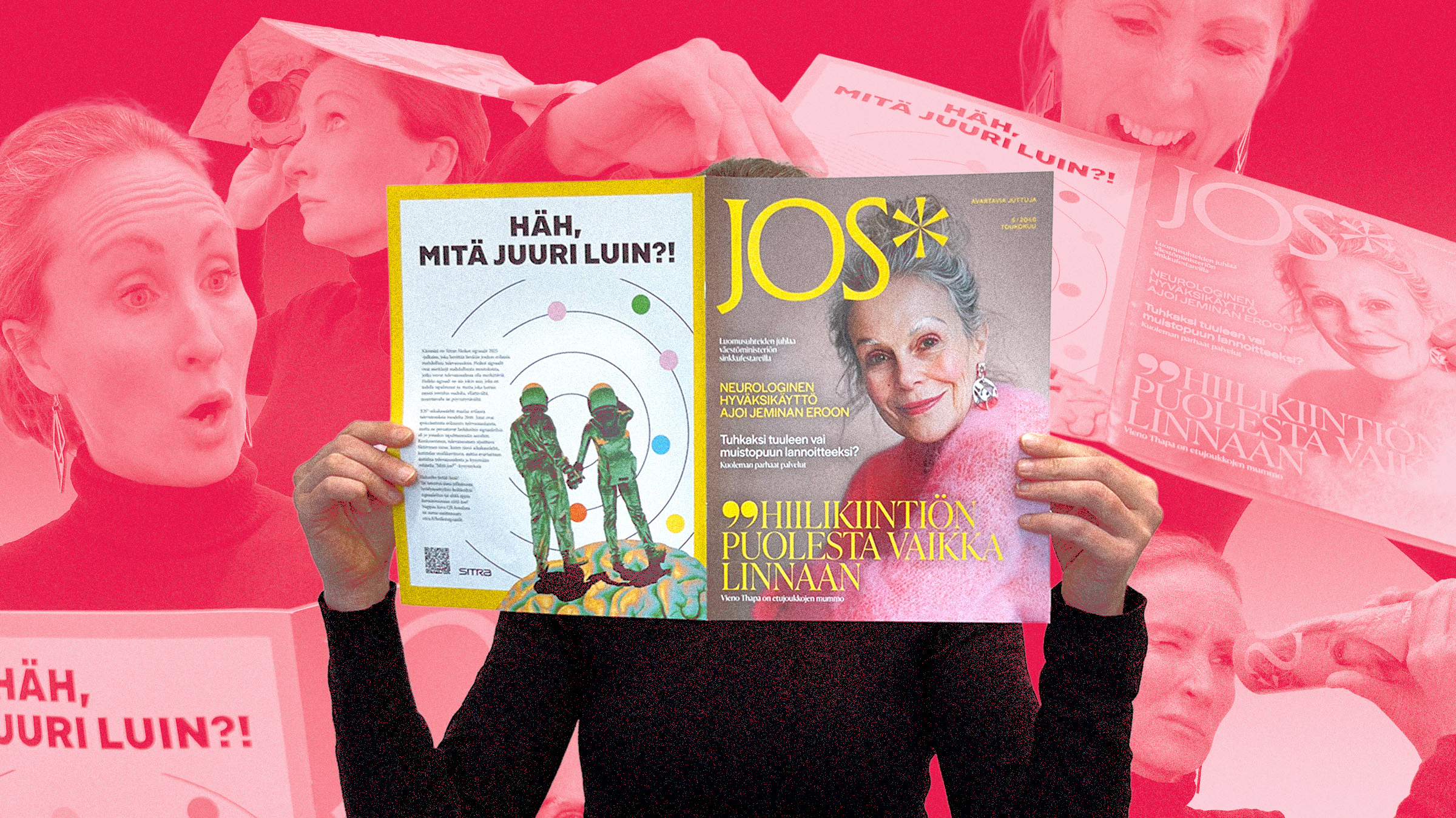 Kuvassa nainen, joka pitää kädessään JOS*-lehteä.