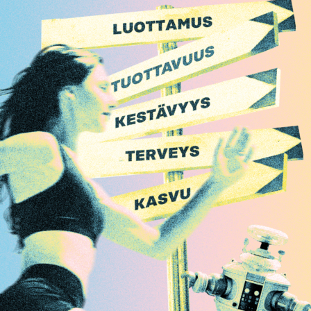 Kuvassa on juoksija sekä suuntaviittoja, joissa lukee luottamus, tuotavuus, kestävyys, terveys ja kasvu.