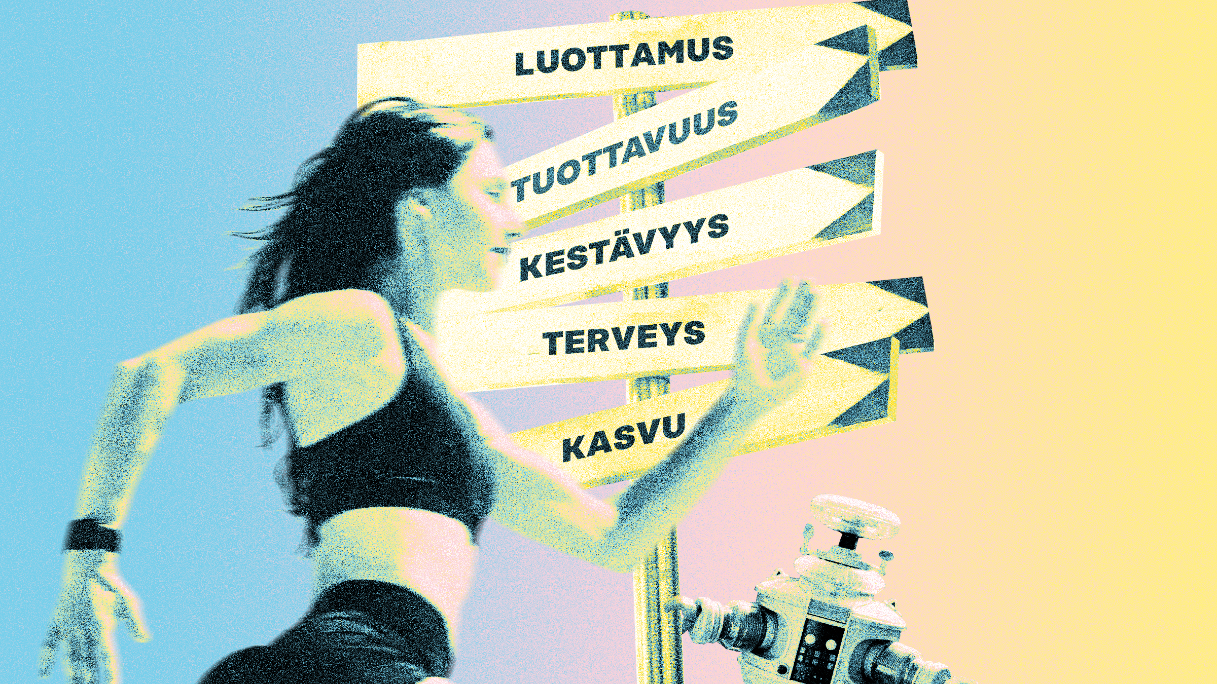 Kuvassa on juoksija sekä suuntaviittoja, joissa lukee luottamus, tuotavuus, kestävyys, terveys ja kasvu.