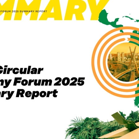 Cover of WCEF2025 summary report cover with the map of Latin America, a bird, circles, buildings and plants.